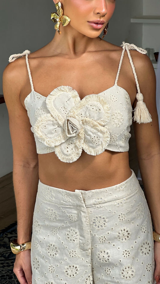 Conjunto Cropped e Calça Jasmim Creme