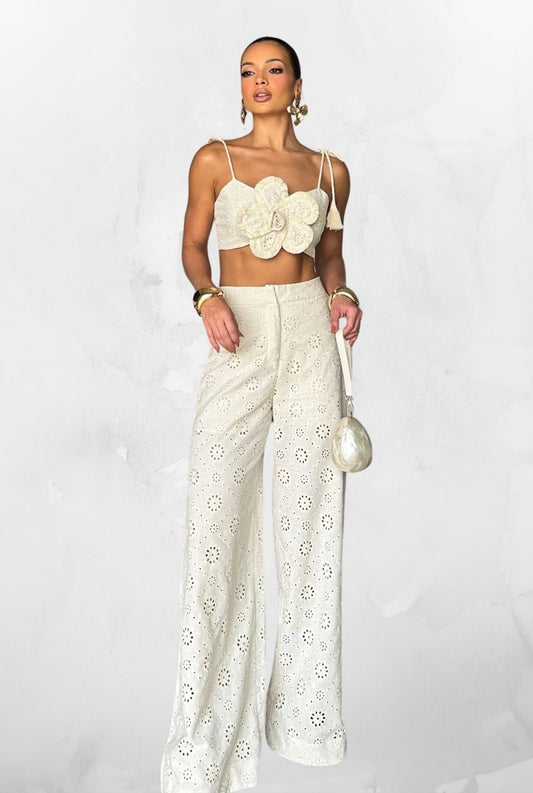 Conjunto Cropped e Calça Jasmim Creme