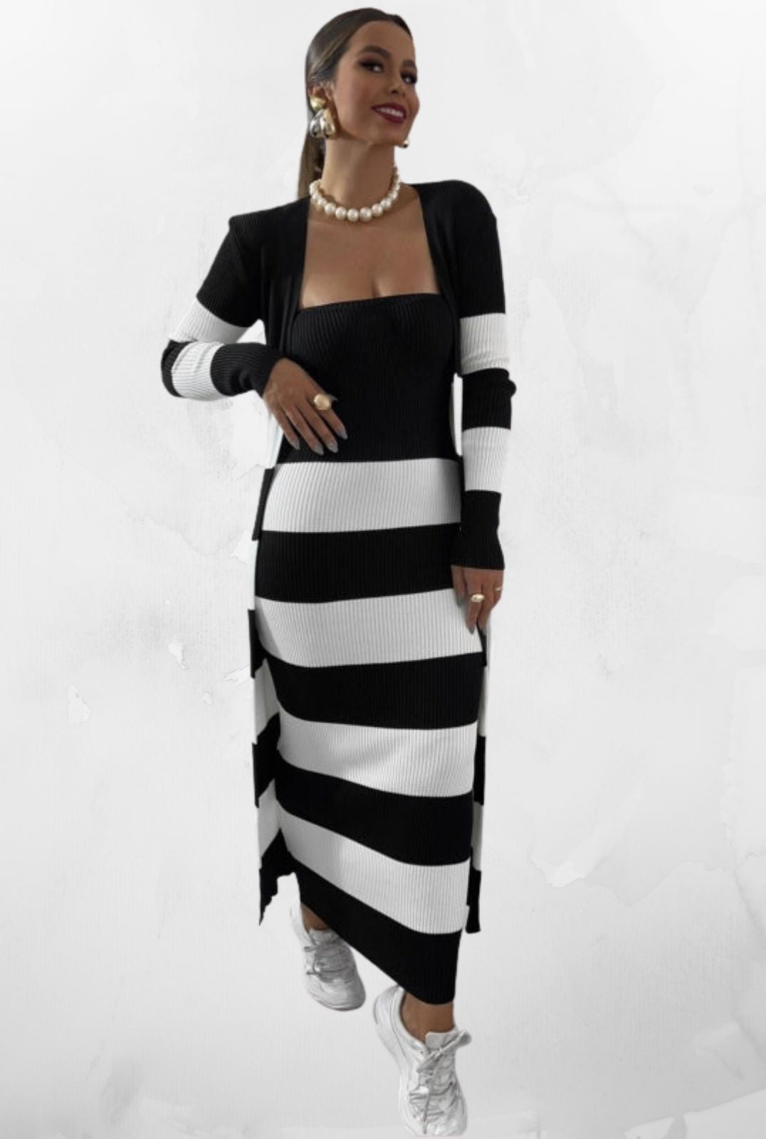 Conjunto em Tricot Modal Listrado Mila Preto