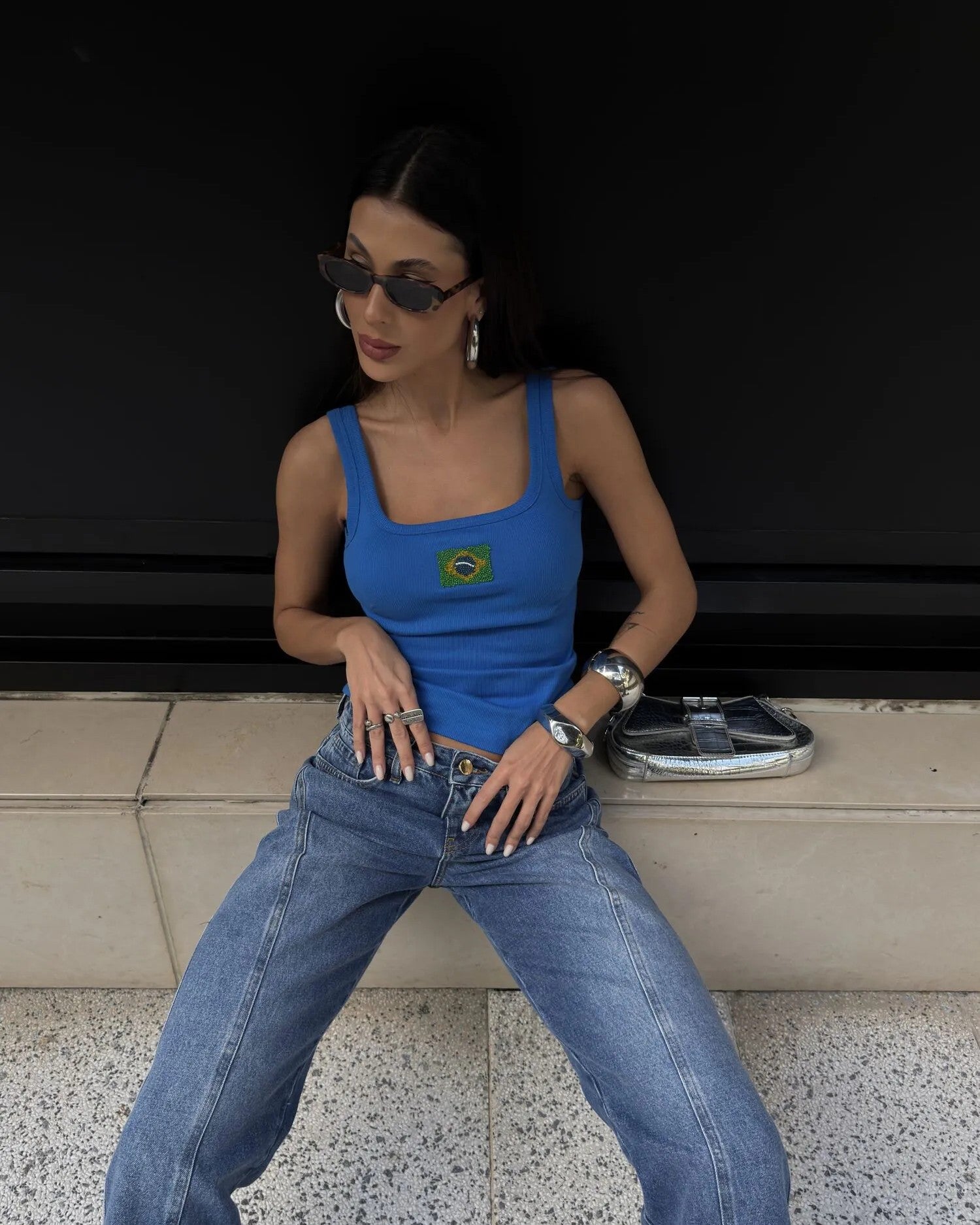 Blusa Regata com Pedrarias do Brasil - Azul